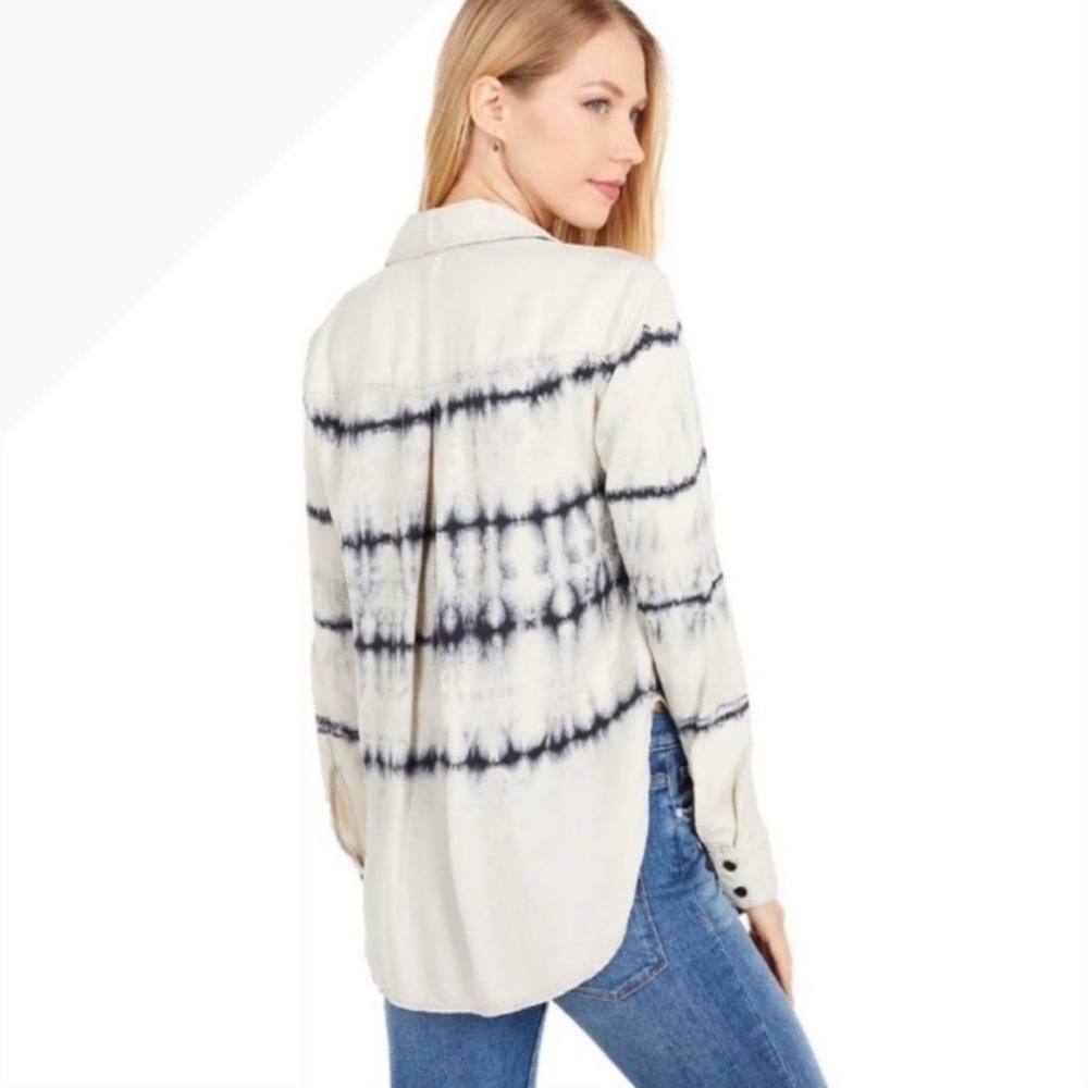 Bella Dahl Women Medium Tie Dye Stripe Tencel Button Down Shirt Sand Navy Blue - Picture 2 of 11